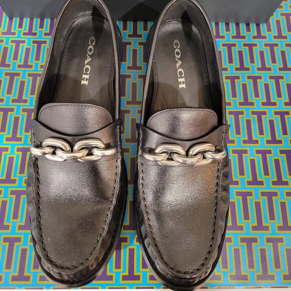 COACH Jess Black Leather Silver Chain Loafers Size 8.5 - Picture 7 of 12